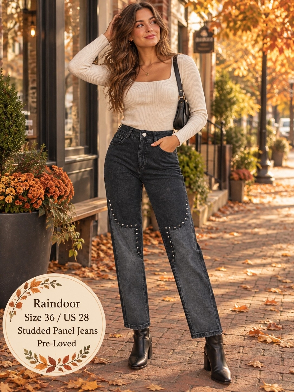 Raindoor Studded Panel Straight-Leg Jeans | Size 36 / US 28